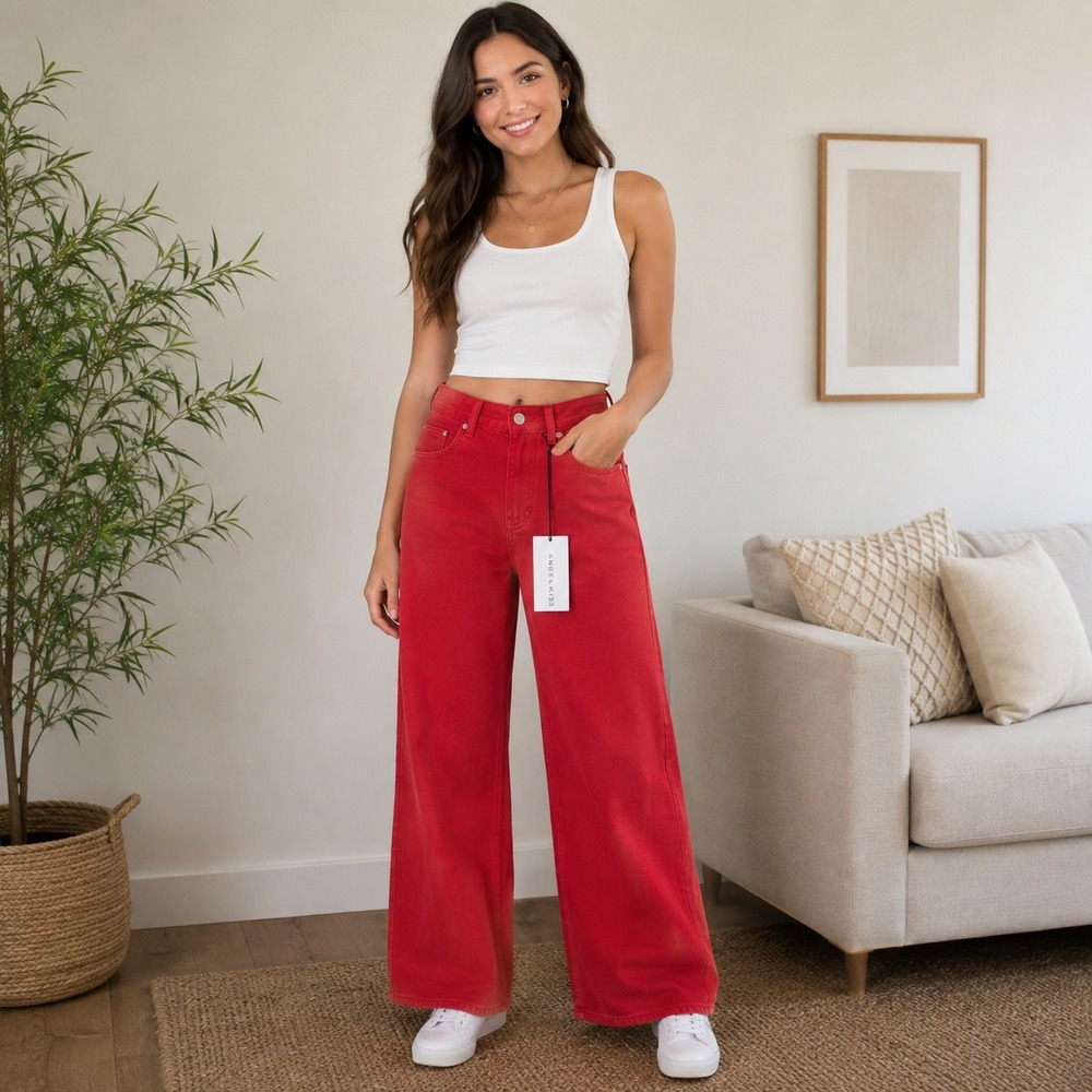 Angel Kiss Y2K Baggy Wide Leg Jeans Red Denim 100% Cotton Size 3 NWT